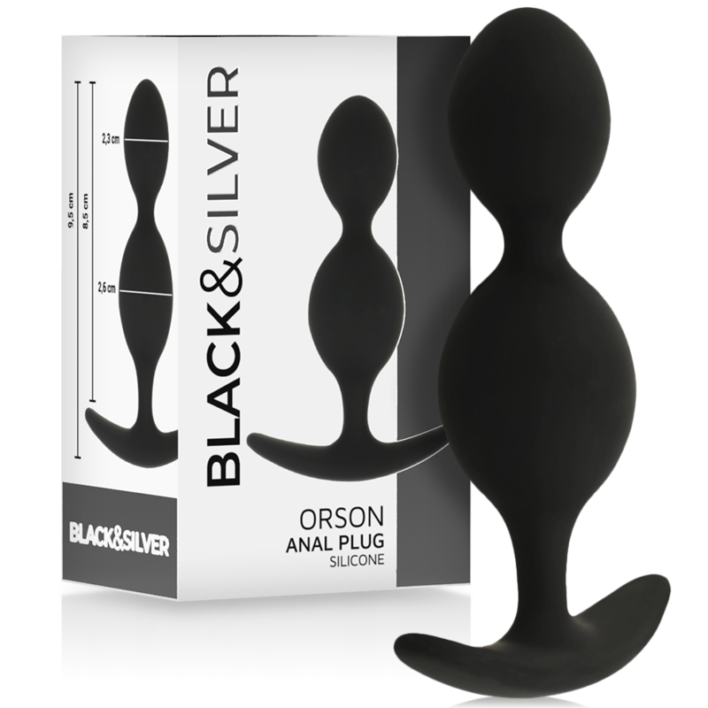 BLACK&SILVER Orson anal plug de silicona negro junto a su caja del producto.