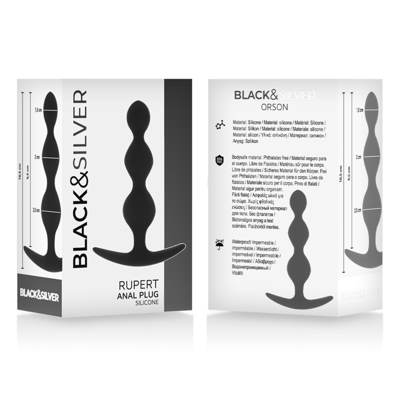 Caja del producto Black & Silver Rupert con silueta del plug anal y medidas visibles.