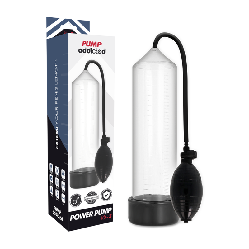 Bomba para pene PUMP ADDICTED RX3 con cilindro transparente y pera negra junto a la caja del producto.