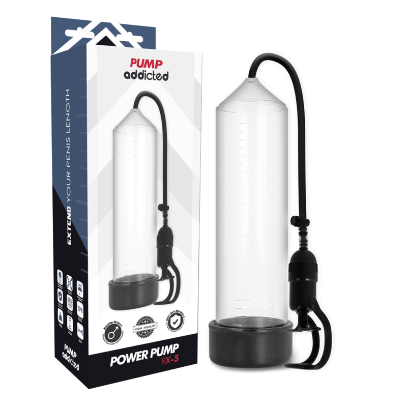 Bomba para pene Pump Addicted RX5 con cilindro transparente, base negra y caja del producto.