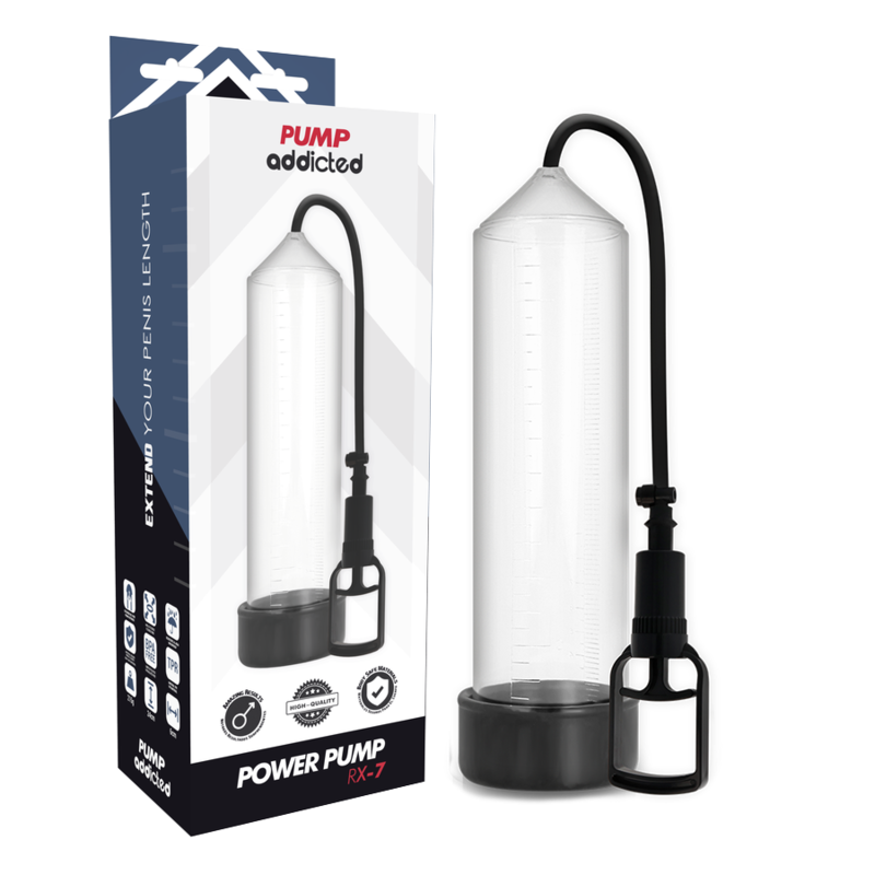 Bomba de vacío PUMP ADDICTED RX7 con tubo transparente y caja del producto visible.