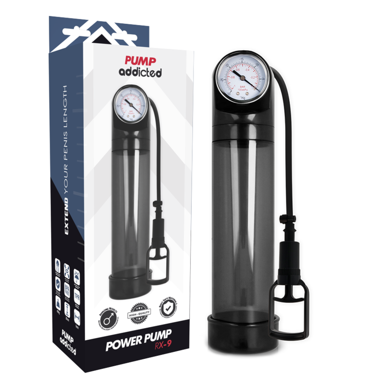 Bomba de vacío para pene PUMP addicted RX9 negra con manómetro y caja del producto