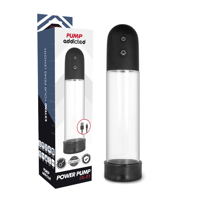Pump Addicted RX11: bomba automática negra y transparente con su caja del producto.