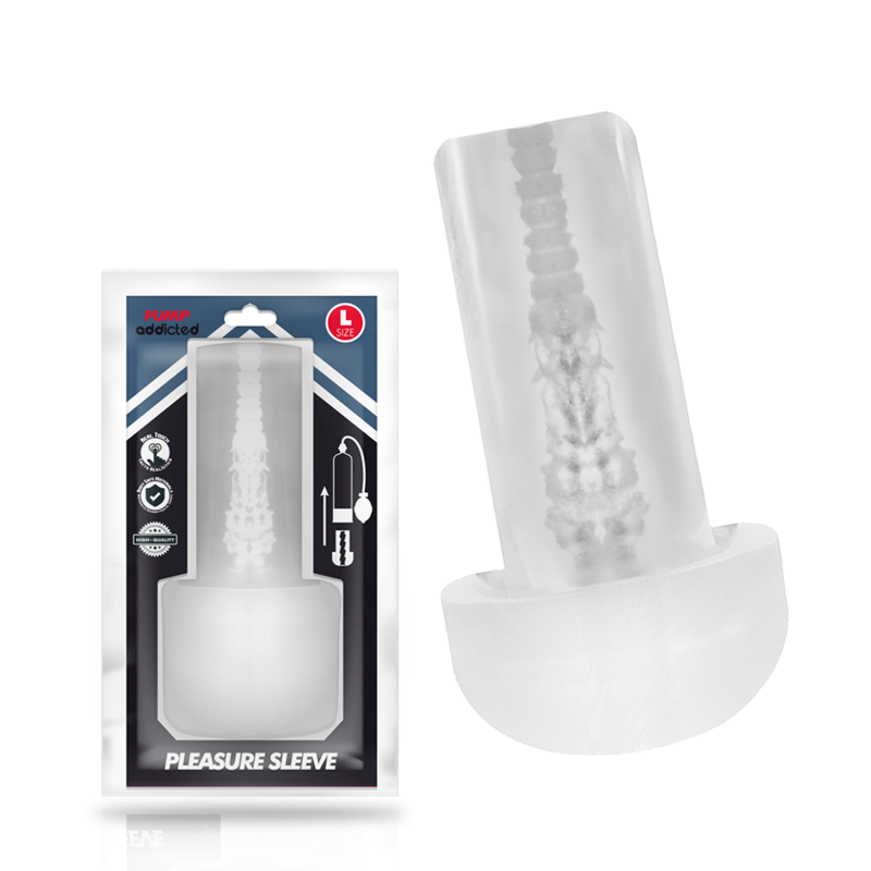 PUMP ADDICTED Pleasure Sleeve talla L, con la caja del producto al lado.
