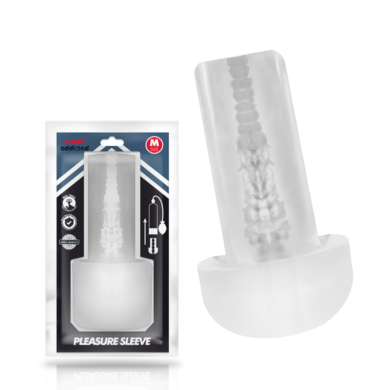 PUMP ADDICTED Pleasure Sleeve talla M, con caja del producto y vista en ángulo.