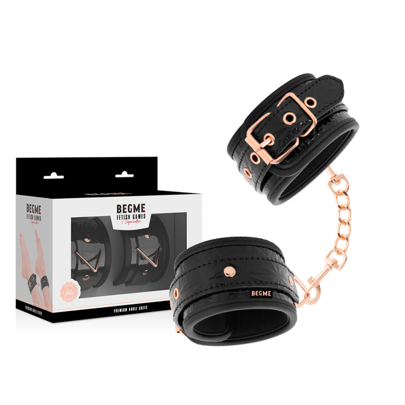 Tobilleras BEGME Black Edition negras con cadena rosé gold y caja del producto