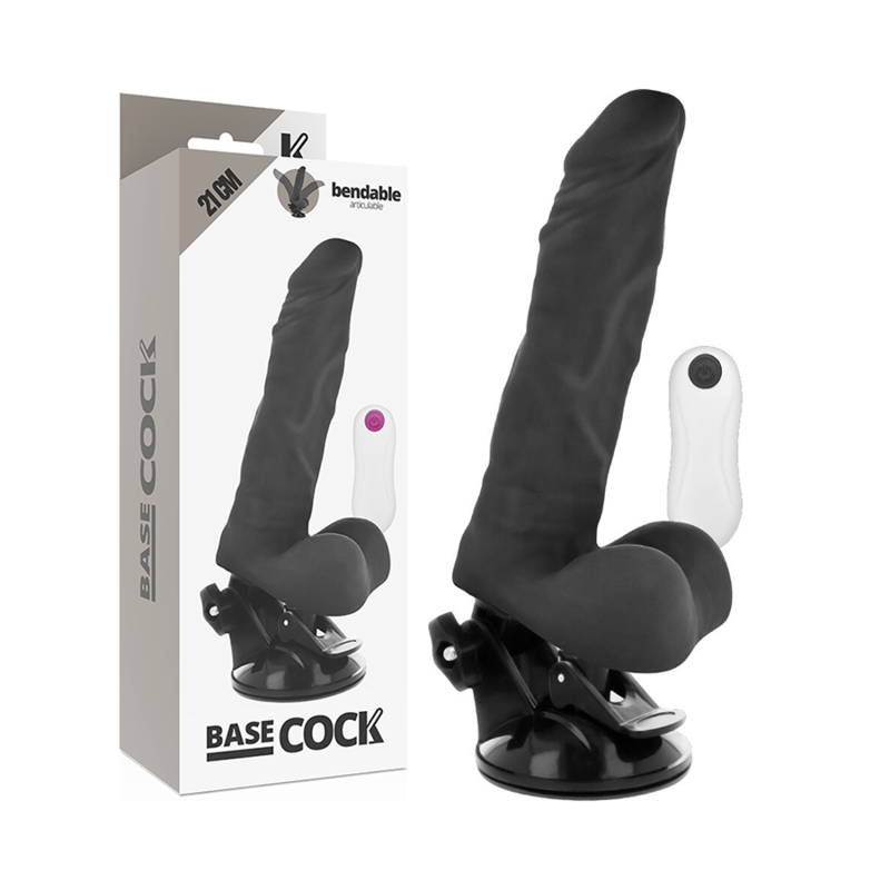 Vibrador articulable Basecock negro con mando por cable y base de succión, junto a la caja del producto.