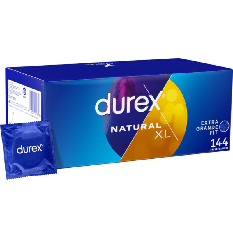 Durex Natural XL, caja del producto azul con un preservativo individual delante.