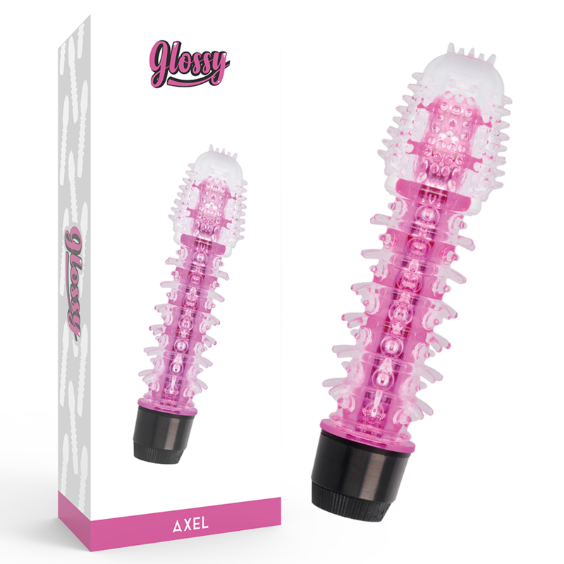 Vibrador clásico rosa GLOSSY Axel con la caja del producto visible.