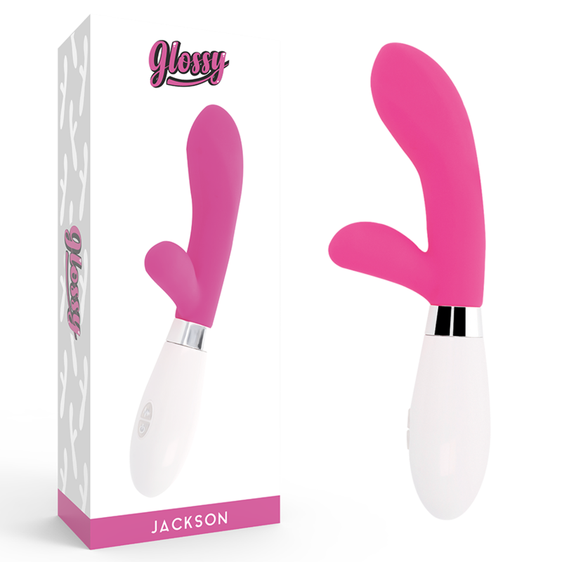 GLOSSY Jackson Rabbit Vibrator rosa con caja del producto y vista lateral.