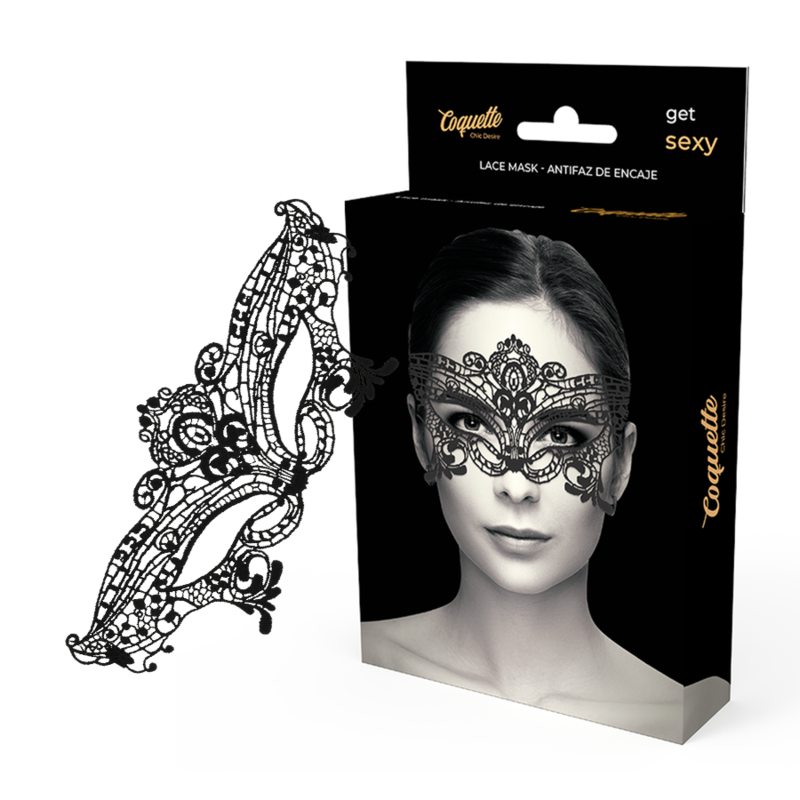 Caja del antifaz ancho de encaje Coquette Chic Desire en negro, con máscara de encaje decorativa en la portada.