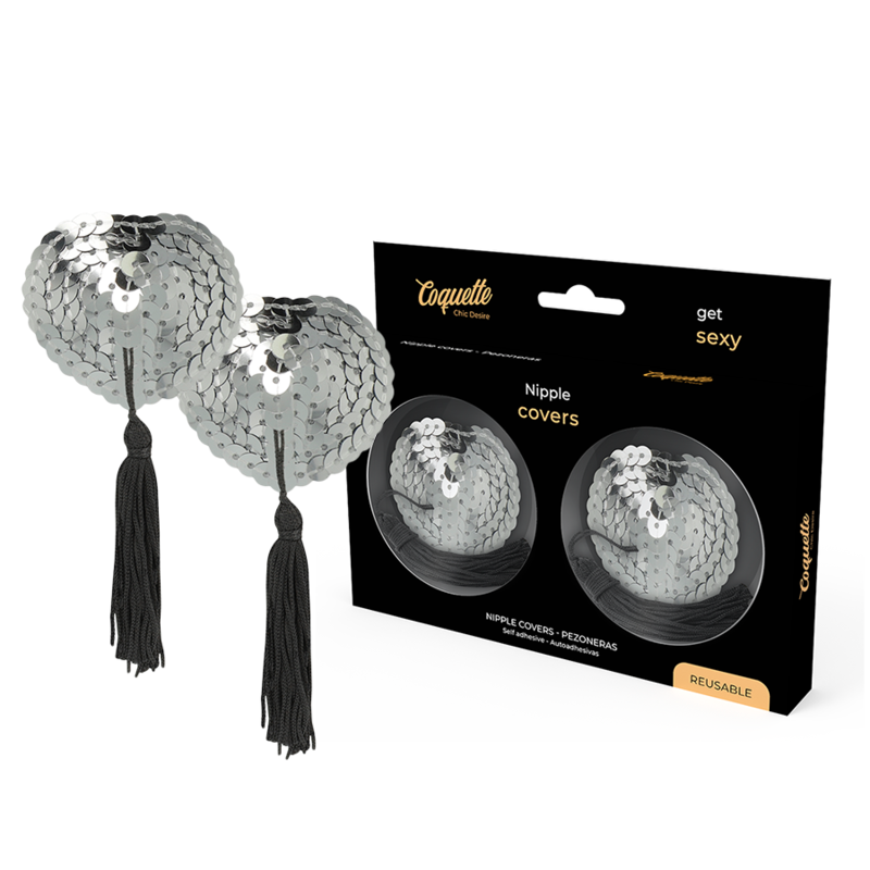 Cobertores para pezones Coquette Chic Desire plateados con borlas negras y caja del producto.