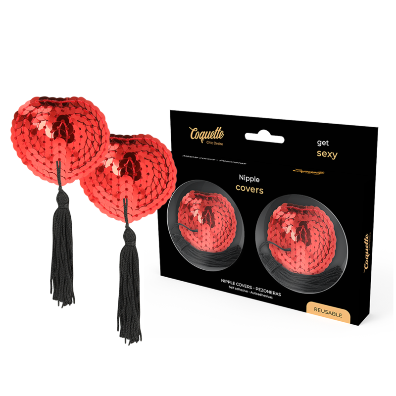 Coquette Chic Desire: cubre pezones rojos con lentejuelas y borlas negras, con caja del producto.