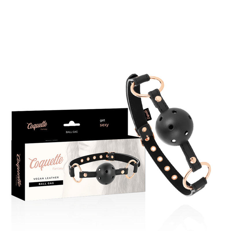 Coquette Fantasy, gag de bola negro con correas de piel vegana y herrajes dorado rosa.