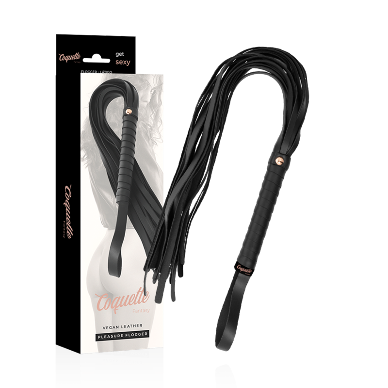 Fusta negra Coquette Fantasy con tiras largas y mango revestido, junto a su caja del producto.