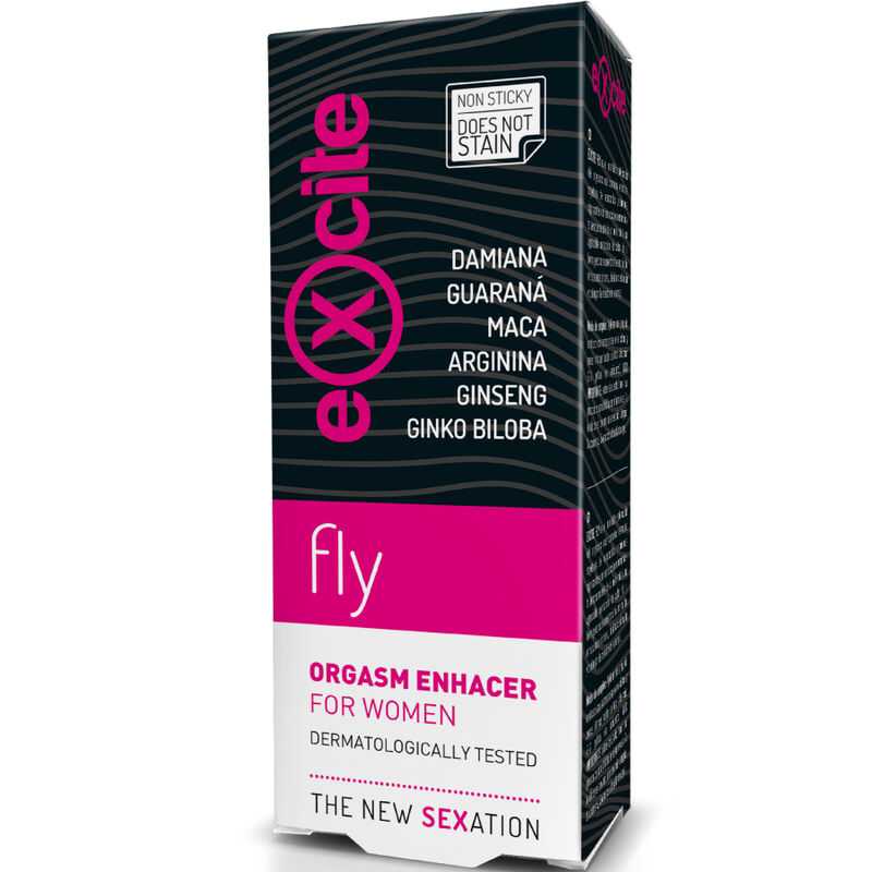 Caja del producto EXCITE Fly, negra y rosa, vista frontal.
