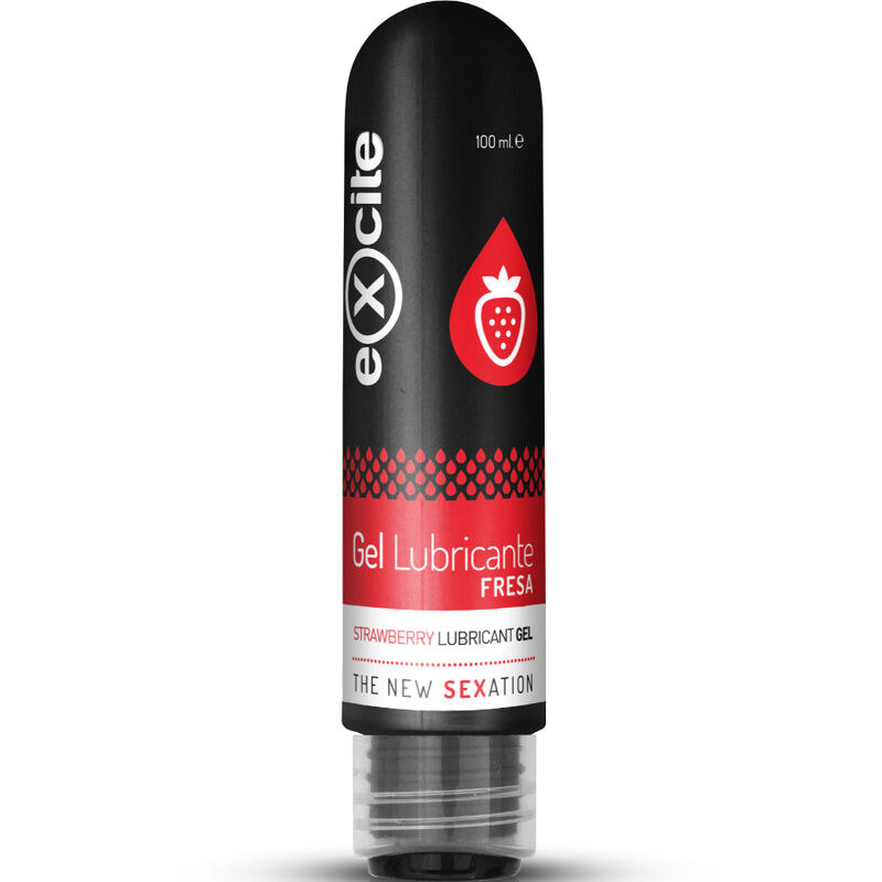 EXCITE lubricante íntimo sabor fresa en botella negra y roja, 100 ml