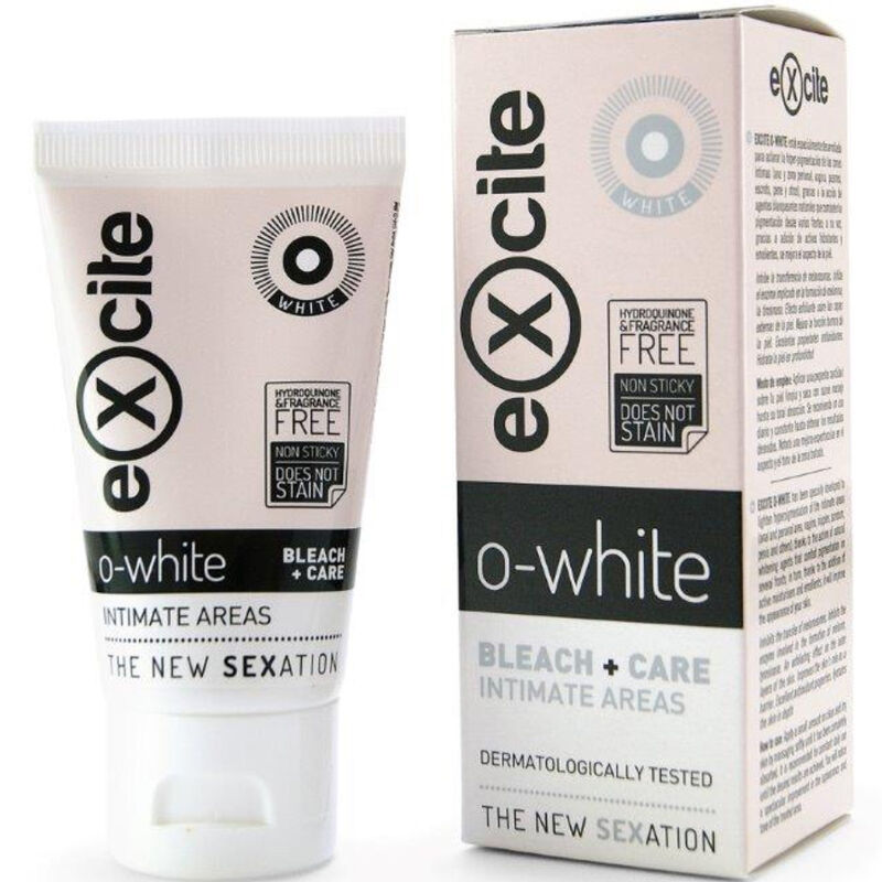 EXCITE O-WHITE blanqueador y cuidado para zonas íntimas con tubo y caja del producto.