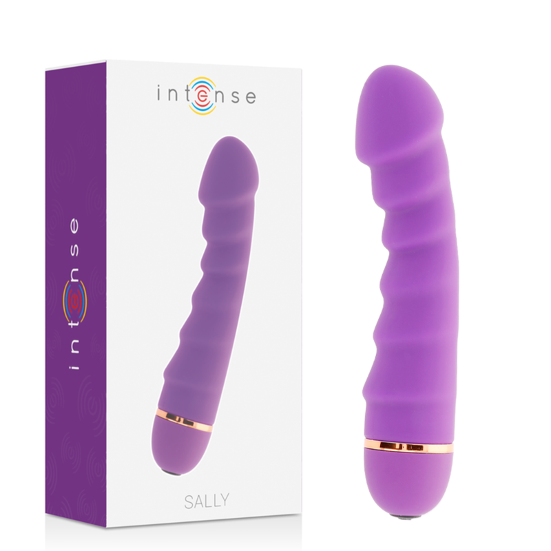 Vibrador lila Intense High Tech Sally con caja del producto visible.