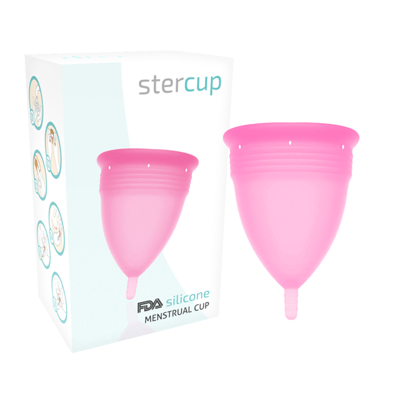 Copa menstrual rosa STERCUP con su caja del producto.