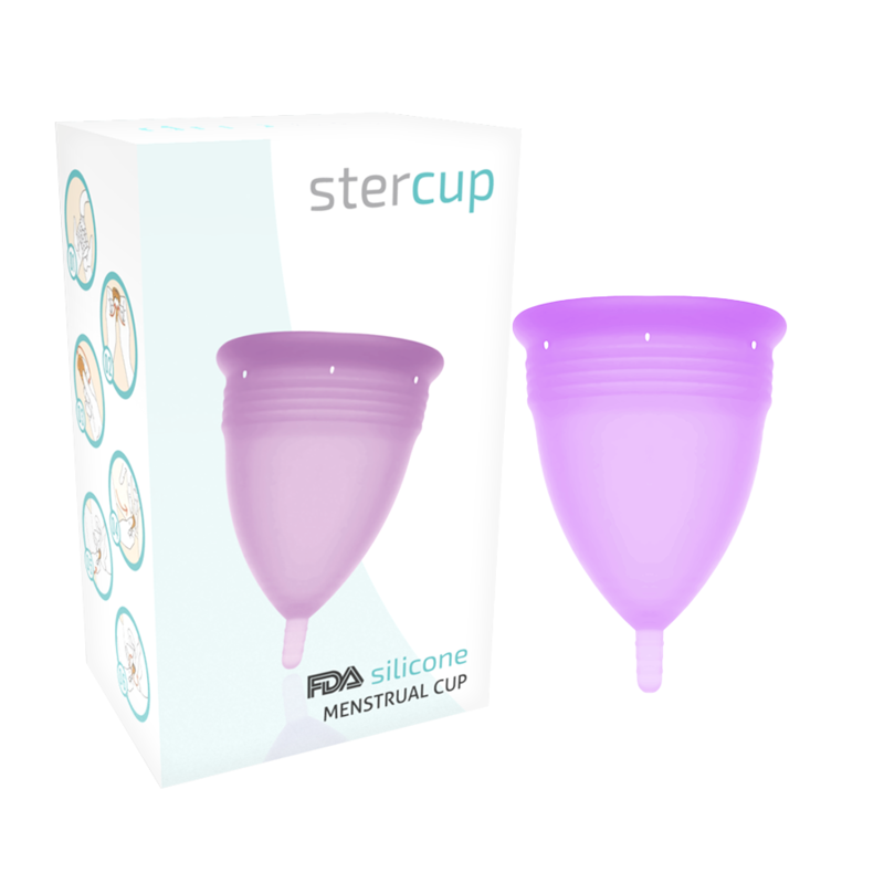 Copa menstrual STERCUP violeta junto a la caja del producto.