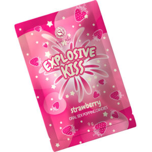 Sachet rosa de Secretplay Explosive Kiss Strawberry Popping Candies con ilustraciones de fresas.