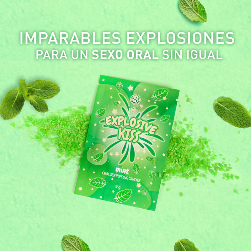 Sobre verde de Secretplay Cosmetic Mint Popping Candies, con hojas de menta alrededor.