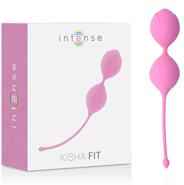 Intense Kisha Fit, bolas de Kegel rosas junto a su caja del producto.