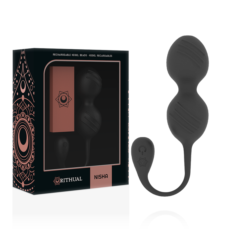 Rithual Nisha: bolas de Kegel vibrantes negras con su caja del producto