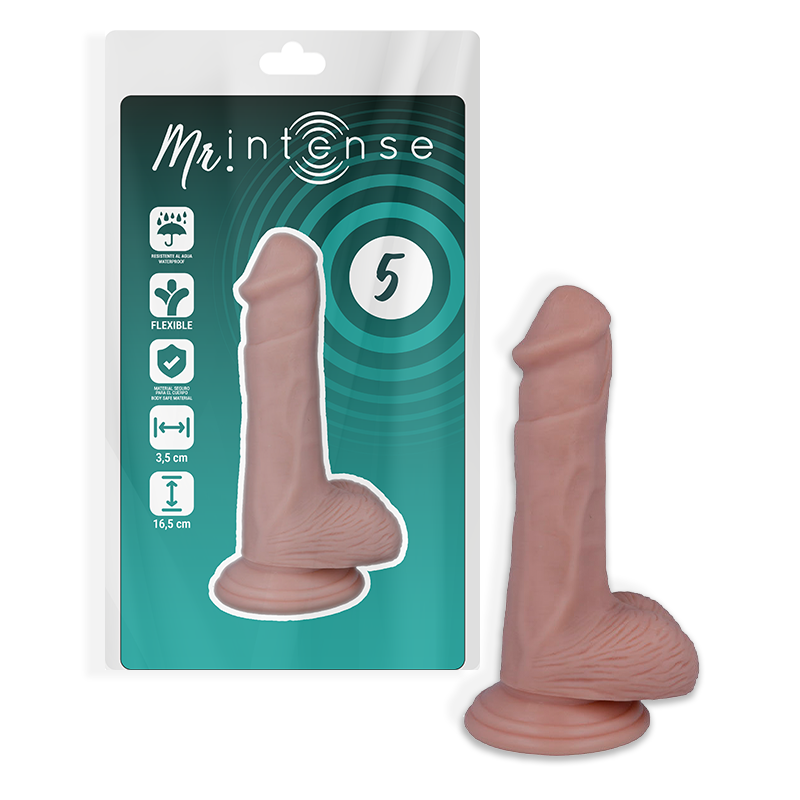 MR. INTENSE DILDOS 5: dildo realista color carne junto a su caja del producto.