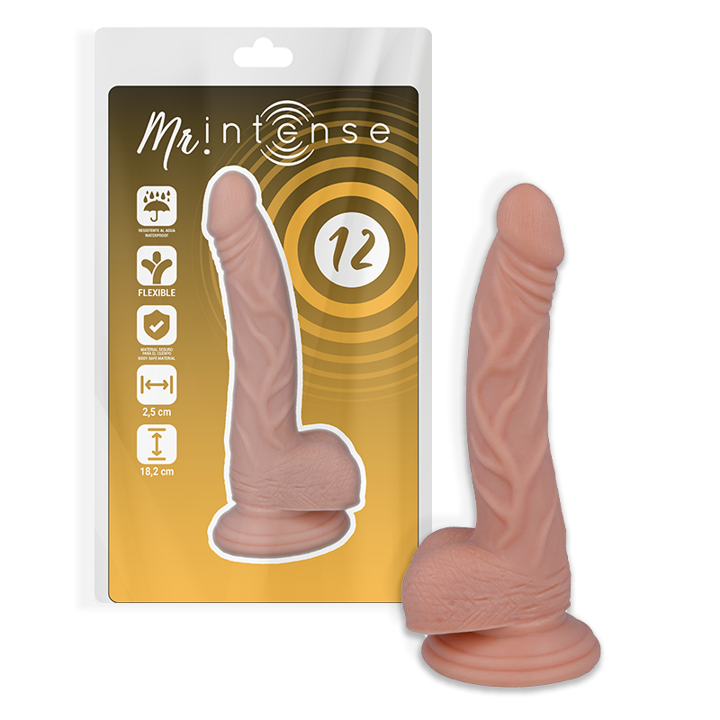 Mr. Intense 12, dildo realista color carne junto a su caja.