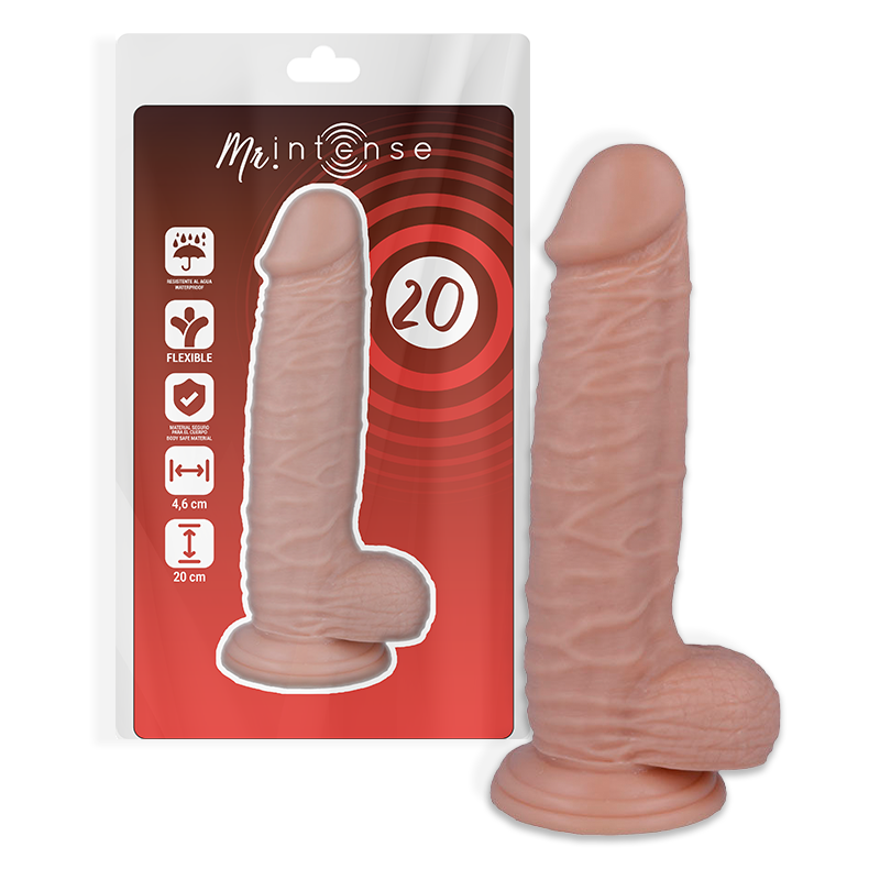 Dildo realista Mr. Intense beige con base de ventosa y caja del producto