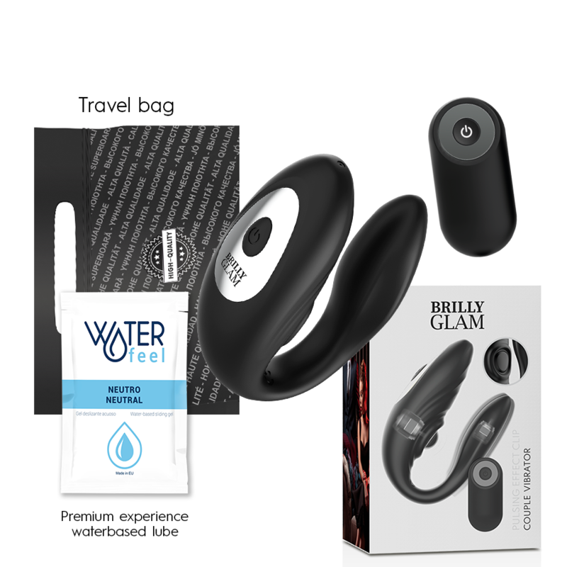Vibrador dual Brilly Glam Couple en negro con mando remoto, caja y accesorios visibles.