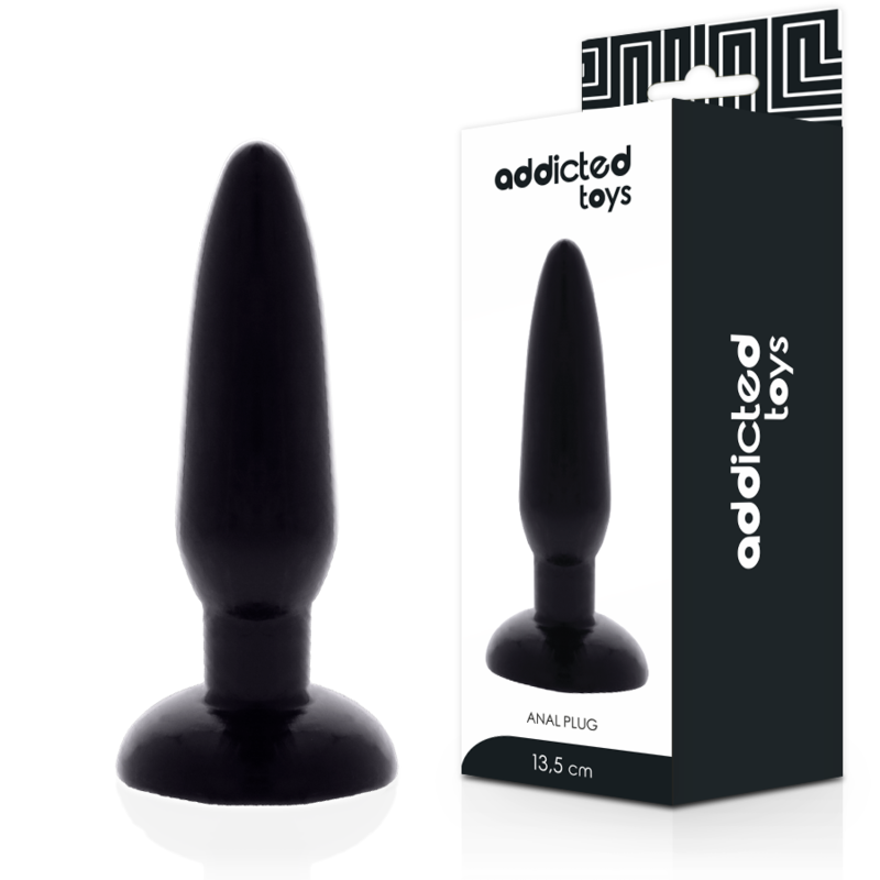Plug anal negro Addicted Toys en vista frontal junto a la caja del producto.