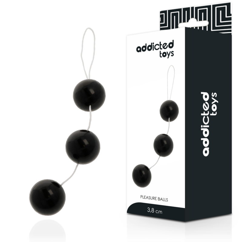 Addicted Toys Pleasure Balls: bolas anales negras de tres esferas con caja del producto.