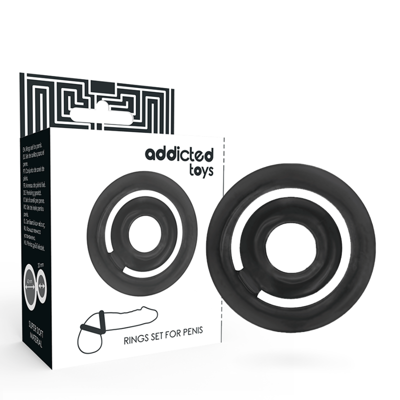 Addicted Toys Potenz, juego de anillas negras para pene con la caja del producto visible.