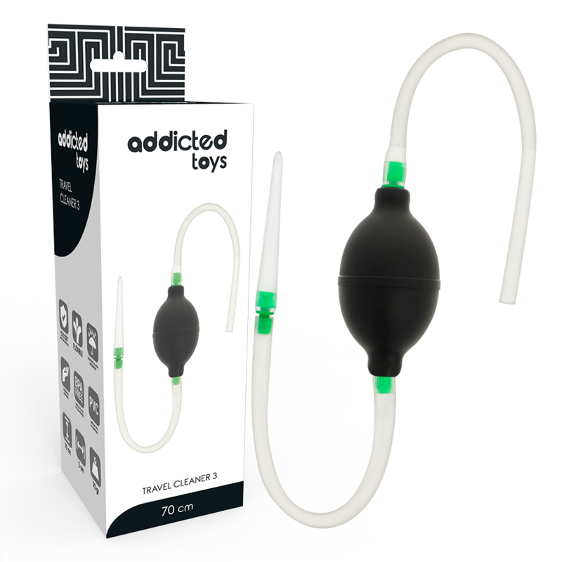 Kit de enema anal negro ADDICTED TOYS con tubo blanco y caja del producto.