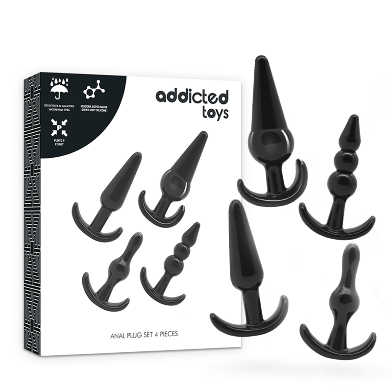 Addicted Toys - caja del pack de 4 plugs anales negros con varios tamaños visibles