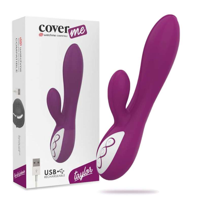 Vibrador Coverme Taylor morado junto a su caja del producto.