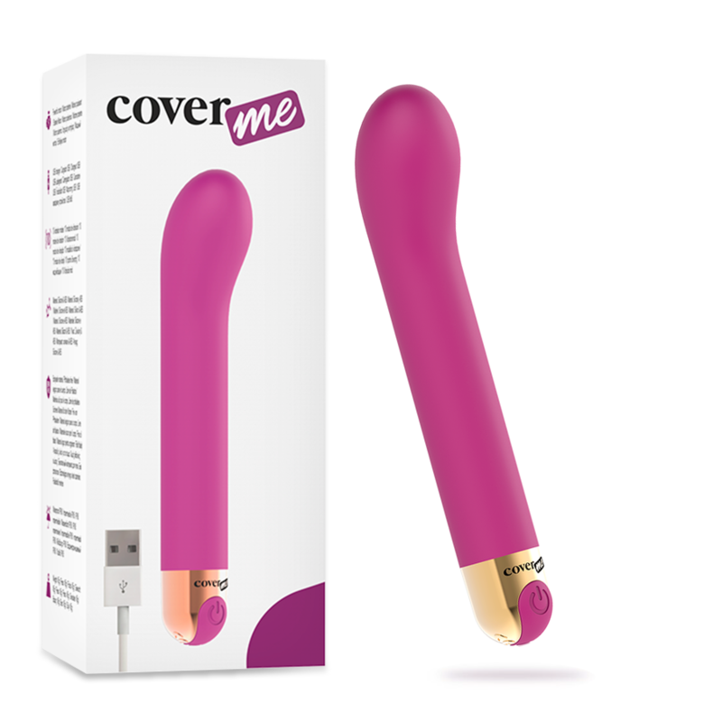 Vibrador COVERME rosa para punto G con base dorada y caja del producto.