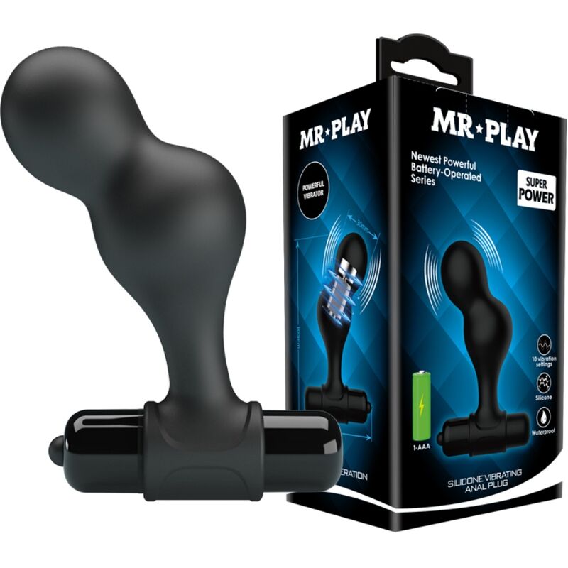 Plug anal vibrador negro de Mr Play con su caja del producto.