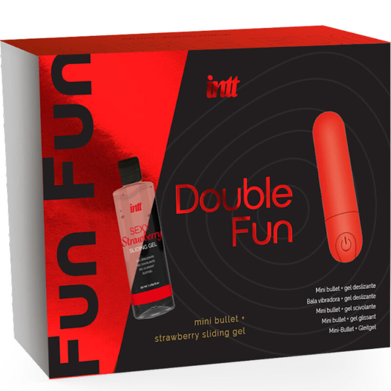 Caja del producto INTT Releases Double Fun Kit en negro y rojo, con ilustraciones de la bala vibradora y el gel.