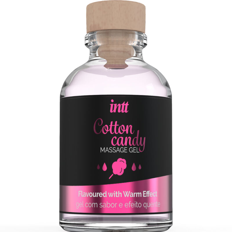 Gel de masaje INTT Cotton Candy en frasco transparente con tapa efecto madera y etiqueta negra y rosa.