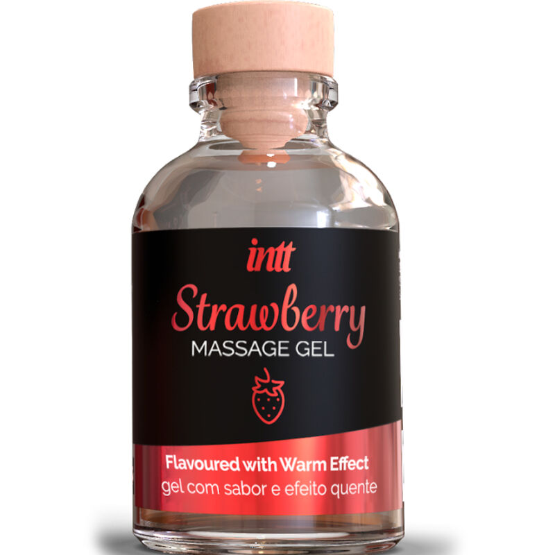 INTT Massage & Oral Sex gel de masaje de fresa en botella con tapa de madera.