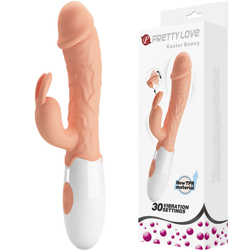 Vibrador Pretty Love Easter Bunny en rosa y blanco con caja del producto.