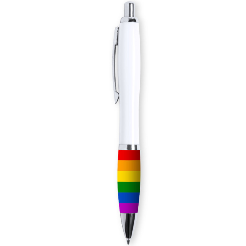 Bolígrafo PRIDE blanco con franjas arcoíris y clip plateado.