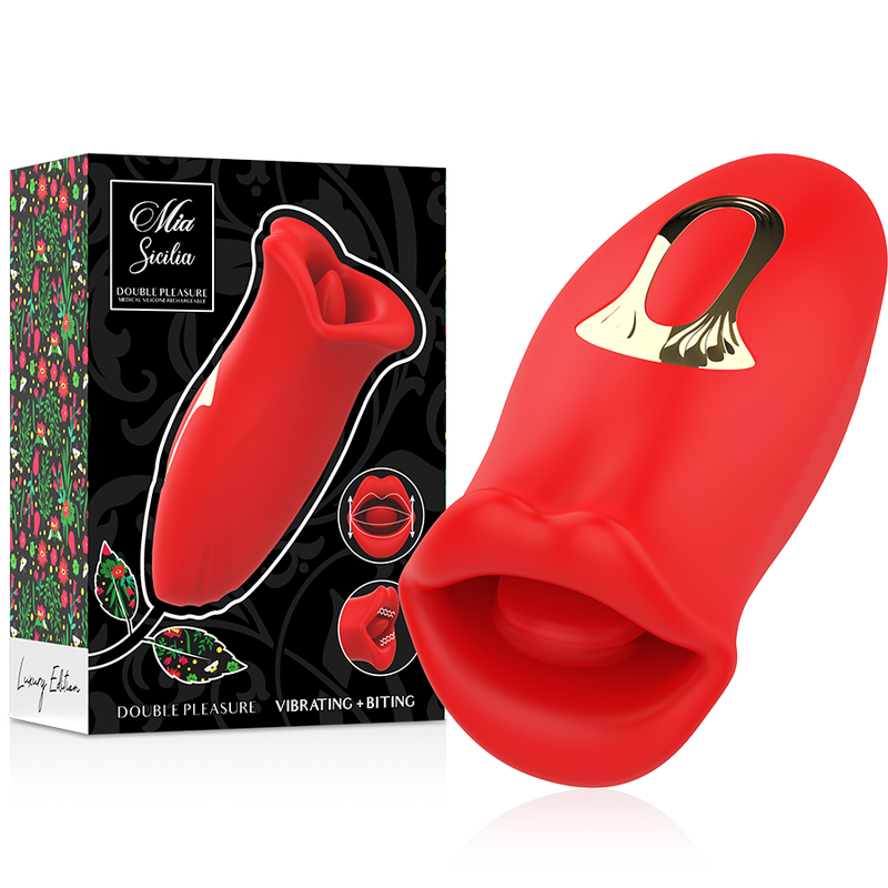 MIA Sicilia en rojo, con abertura frontal y detalle dorado, junto a su caja del producto.