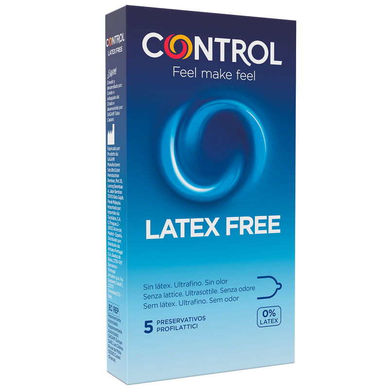 Caja del producto Control Free con diseño azul y leyenda Latex Free, pack de 5.