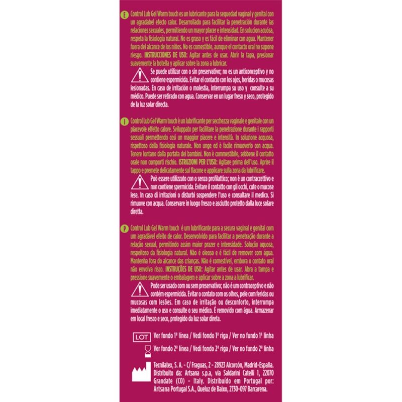 Parte trasera del envase de Control Lubes Lub Gel con texto informativo en varios idiomas.