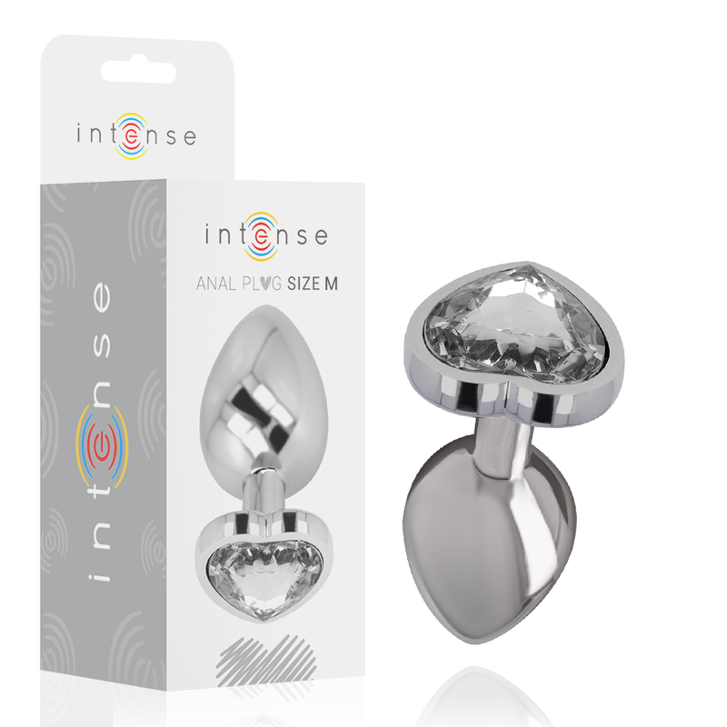 Tapón anal de metal INTENSE talla M con corazón blanco y caja del producto.